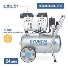 Compresseur Hyundai Super Silent avec réservoir de 24 litres et moteur sans huile de 0,75 kilowatt pour un fonctionnement silencieux.