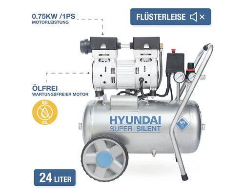 Compresseur Hyundai Super Silent avec réservoir de 24 litres et moteur sans huile de 0,75 kilowatt pour un fonctionnement silencieux.