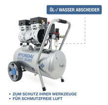 Compresseur Hyundai Super Silent avec séparateur huile et eau pour la protection des outils et de l air comprimé propre.