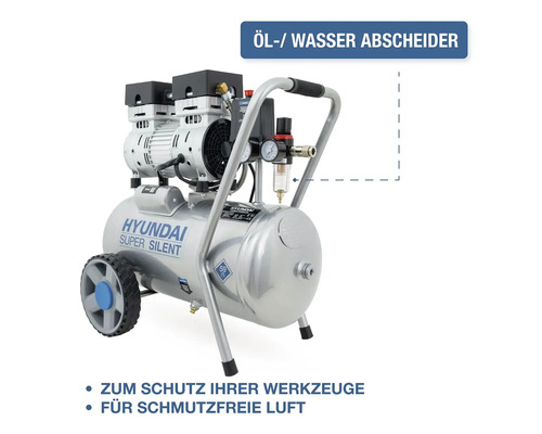 Compresseur Hyundai Super Silent avec séparateur huile et eau pour la protection des outils et de l air comprimé propre.