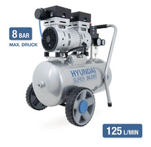 Compresseur Hyundai Super Silent avec une pression maximale de 8 bars et un débit d air de 125 litres par minute.
