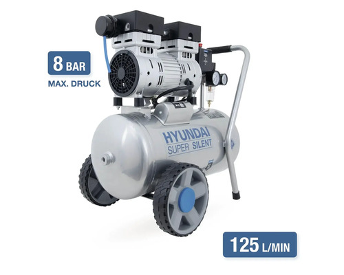 Compresseur Hyundai Super Silent avec une pression maximale de 8 bars et un débit d air de 125 litres par minute.