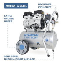 Compresseur Hyundai Super Silent avec roues et poignée, compresseur d air silencieux avec réservoir et manomètre pour atelier et bricolage.