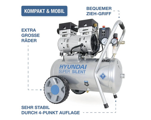 Compresseur Hyundai Super Silent avec roues et poignée, compresseur d air silencieux avec réservoir et manomètre pour atelier et bricolage.