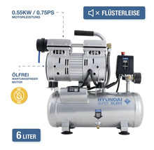 Compresseur Hyundai Super Silent avec réservoir de 6 litres, moteur sans huile de 0.55 kilowatt et fonctionnement silencieux.