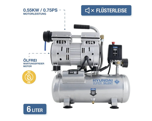Compresseur Hyundai Super Silent avec réservoir de 6 litres, moteur sans huile de 0.55 kilowatt et fonctionnement silencieux.