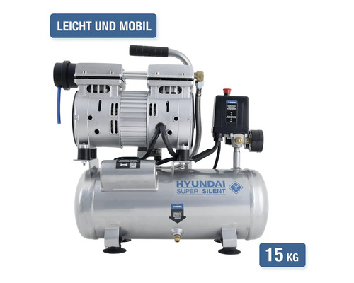 Compresseur Hyundai Super Silent, un compresseur mobile et léger pesant 15 kilogrammes pour des usages polyvalents.