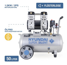 Compresseur Hyundai Super Silent avec réservoir de 50 litres, puissance moteur 1,5 kilowatt, moteur sans huile sans entretien, silencieux 59 décibels.