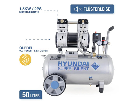 Compresseur Hyundai Super Silent avec réservoir de 50 litres, puissance moteur 1,5 kilowatt, moteur sans huile sans entretien, silencieux 59 décibels.