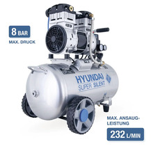 Compresseur Hyundai Super Silent avec 8 bars de pression maximale et 232 litres par minute de capacité d aspiration.