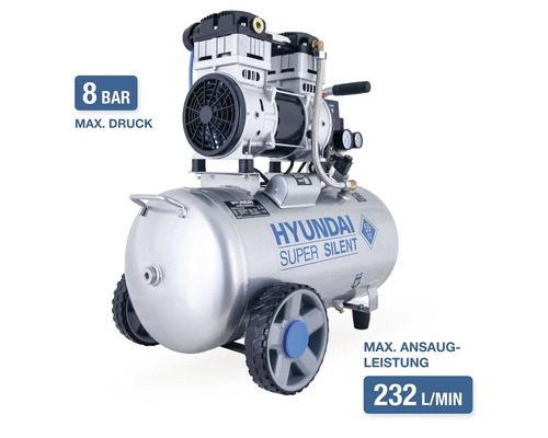 Compresseur Hyundai Super Silent avec 8 bars de pression maximale et 232 litres par minute de capacité d aspiration.