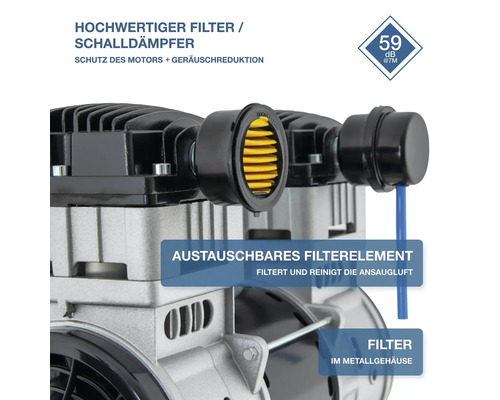 Vue détaillée d un filtre de compresseur avec silencieux et élément filtrant remplaçable pour nettoyer l air d admission à 59 décibels.