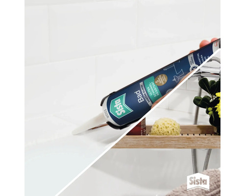 Une main applique du silicone sanitaire pour salle de bain Sista sur un joint de carrelage.