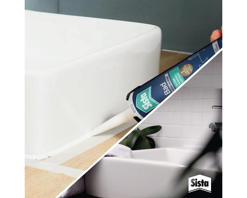 Cartouche de silicone sanitaire Sista Bad lors de l application du joint sur un lavabo dans la salle de bain
