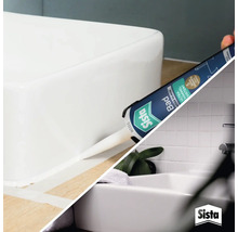 Cartouche de silicone sanitaire Sista Bad lors de l application du joint sur un lavabo dans la salle de bain