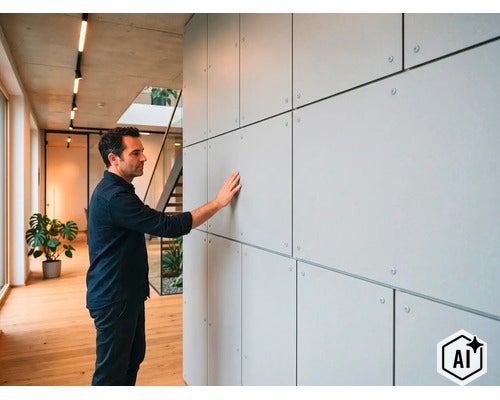 Un homme touche un revêtement mural composé de panneaux carrés dans un espace de vie moderne avec parquet et plafond en béton apparent. (Image AI modified or generated)