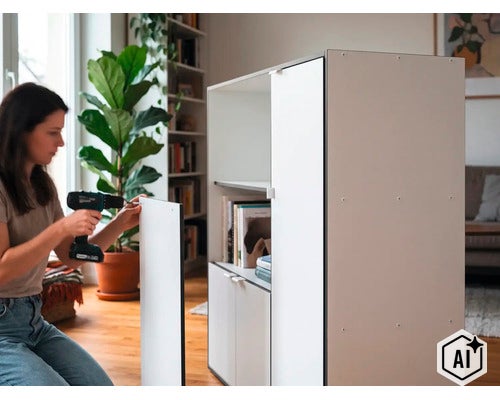 Une femme monte une armoire moderne avec une perceuse sans fil dans un salon. (Image AI modified or generated)
