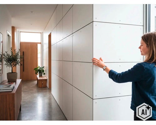 Mur de couloir moderne avec grands panneaux muraux et vissage apparent dans une entrée lumineuse et accueillante. (Image AI modified or generated)