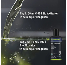 Bouteille de Dennerle Bio Aktivator avec instructions d'utilisation pour l'ajout dans l'aquarium.