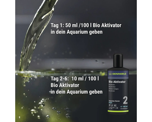 Bouteille de Dennerle Bio Aktivator avec instructions d'utilisation pour l'ajout dans l'aquarium.