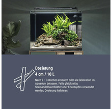 Aquarium avec plantes aquatiques et décoration, incluant les instructions de dosage pour additifs d'aquarium et les intervalles de remplacement.