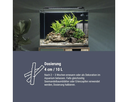 Aquarium avec plantes aquatiques et décoration, incluant les instructions de dosage pour additifs d'aquarium et les intervalles de remplacement.