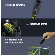 Instructions d'utilisation pour le soin de l'eau d'aquarium Dennerle Elixir Bio : secouer, ouvrir et répartir uniformément dans l'eau.