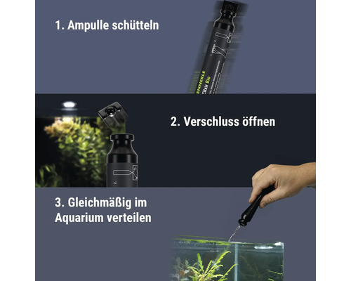 Instructions d'utilisation pour le soin de l'eau d'aquarium Dennerle Elixir Bio : secouer, ouvrir et répartir uniformément dans l'eau.