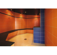Hammam moderne avec des carreaux muraux carrés, un banc intégré et un siphon de sol.