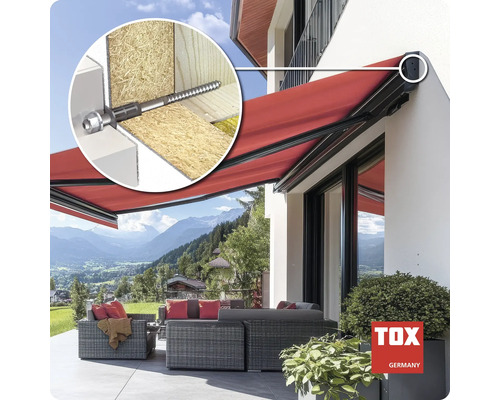 Cheville TOX pour la fixation de stores dans une façade avec isolation illustrée dans un exemple d application sur une maison