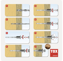Instructions de montage étape par étape pour une fixation TOX dans une paroi avec ossature en bois.