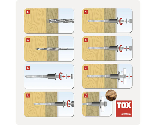 Instructions de montage étape par étape pour une fixation TOX dans une paroi avec ossature en bois.