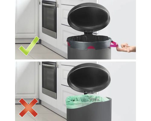 Illustration de l'utilisation correcte et incorrecte d'une poubelle à pédale avec un support pour fixer le sac poubelle.