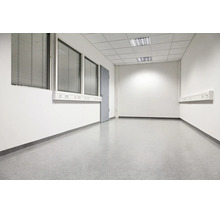Bureau ou espace commercial vide et fonctionnel avec murs blancs, sol gris, faux plafond et fenêtres avec stores.