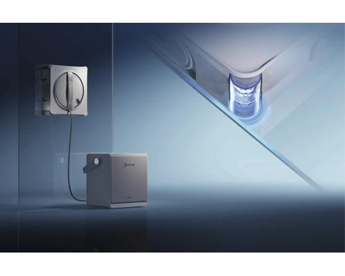Robot laveur de vitres Ecovacs nettoyant une vitre avec une station de base séparée et une vue détaillée de la technologie de nettoyage des coins.