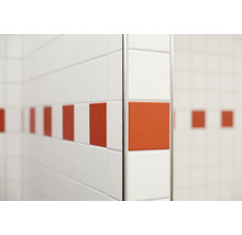Carrelage mural avec carreaux décoratifs sur un mur de salle de bain avec un profilé métallique pour la protection des coins.