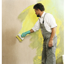Un artisan peint un mur avec une brosse à encoller et de la peinture murale à l intérieur.