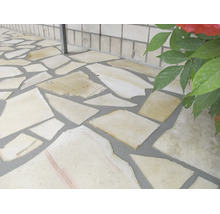 Revetement de sol en dalles de pierre naturelle irregulieres pour le jardin avec joints remplis.