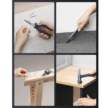 Vier Bilder zeigen die Anwendung von Handwerkzeugen wie einer Kombizange, einem Cuttermesser, einem Inbusschlüssel und einem Hammer bei Arbeiten.