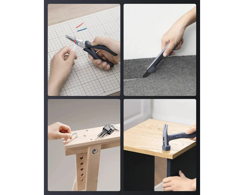 Vier Bilder zeigen die Anwendung von Handwerkzeugen wie einer Kombizange, einem Cuttermesser, einem Inbusschlüssel und einem Hammer bei Arbeiten.