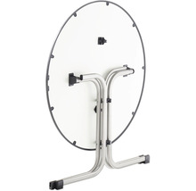 Table pliante ronde avec structure en métal et plateau rabattable, vue de dessous