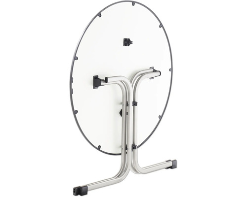 Table pliante ronde avec structure en métal et plateau rabattable, vue de dessous