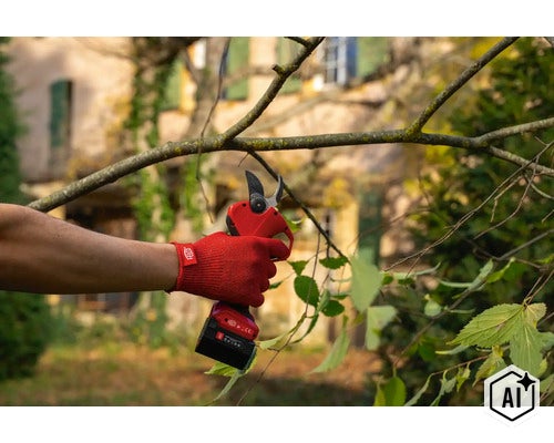 Une personne utilise un sécateur électrique sans fil Felco pour couper des branches dans un jardin. (Image AI modified or generated)