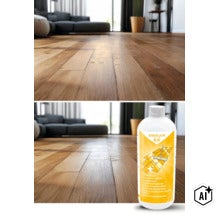 Eine Flasche Rakkuun Laminatreiniger auf einem Parkettboden in einem modern eingerichteten Wohnzimmer. (Image AI modified or generated)