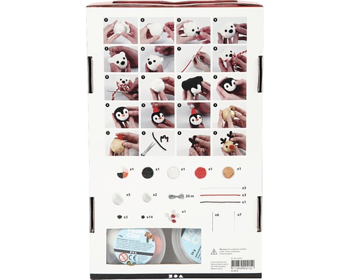 Instructions et matériel pour la fabrication de figurines en pâte à modeler, dont un ours, un pingouin et un renne