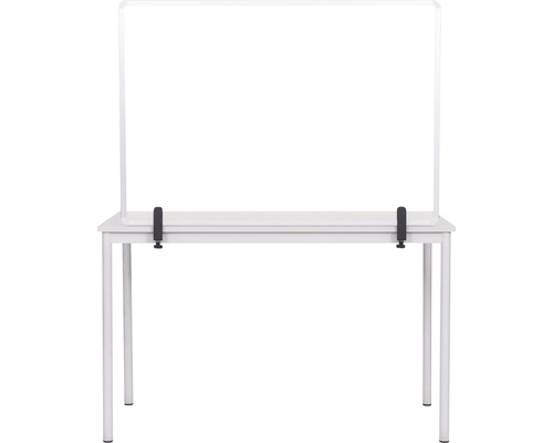 Tisch mit transparentem Schutzschild und Tischbefestigung