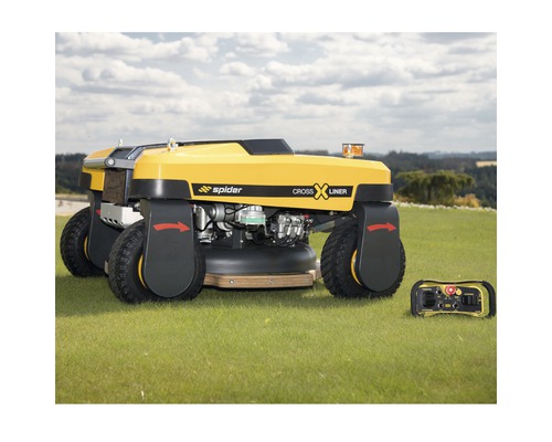Gelber Spider Crossliner Rasenmäher mit Fernbedienung auf Gras