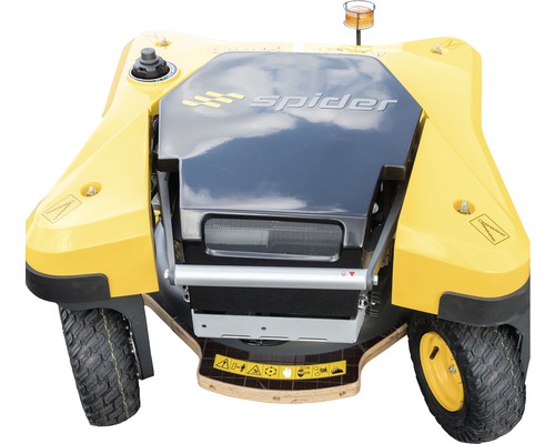 Spider Logo Rasenmäher mit Warnhinweisen