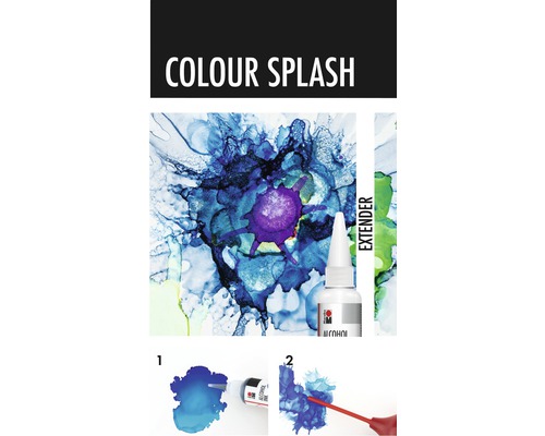 Farbklecks mit Flasche mit Alkoholtinte und Anwendungsschritten.