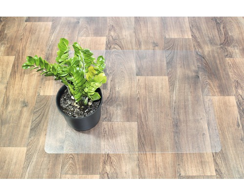 Bodenschutzmatte aus Kunststoff unter einer Zimmerpflanze auf Holzboden